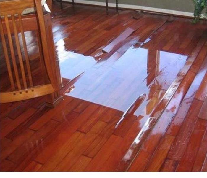 water damaged wood flooring with standing water still present